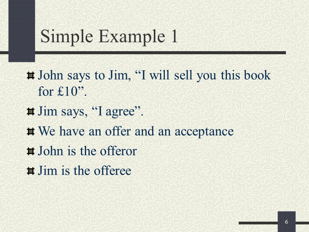 6 Simple Example 1 John says to Jim, “I will sell you this book